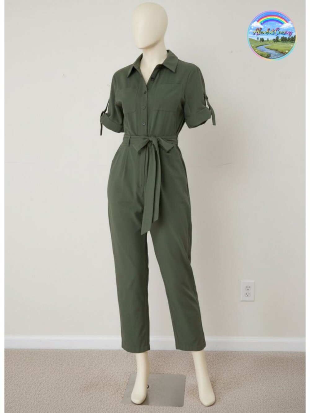 Women's Short Sleeve Collared Tie Waist Cargo Jumpsuit